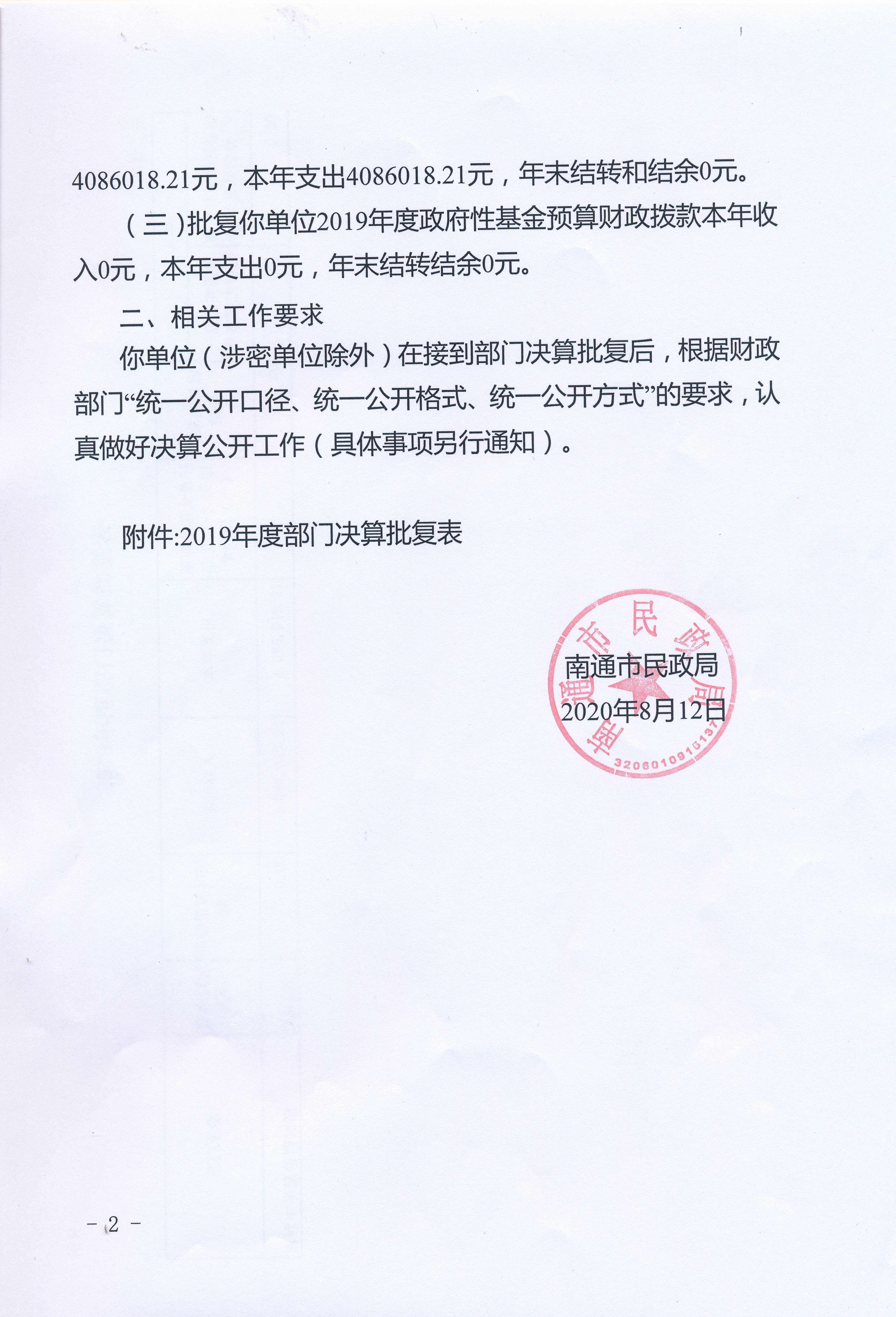 南通市民政局关于南通中华慈善博物馆2019年度部门决算的批复